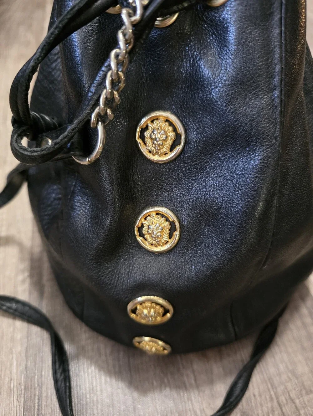 Vintage JEFFREY CAMPBELL Black Leather Drawstring Bucket Bag Gold Medusa Versace